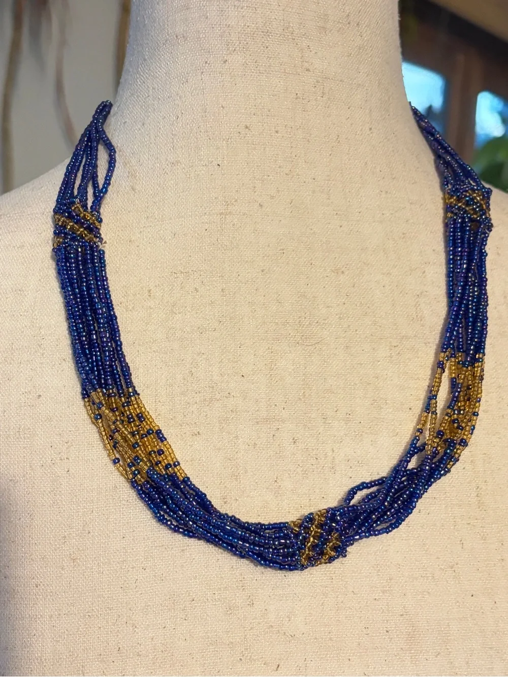 Vintage Cobalt Blue Gold Multi Strand Seed Bead Necklace Boho Statement Woven - Picture 1 of 10